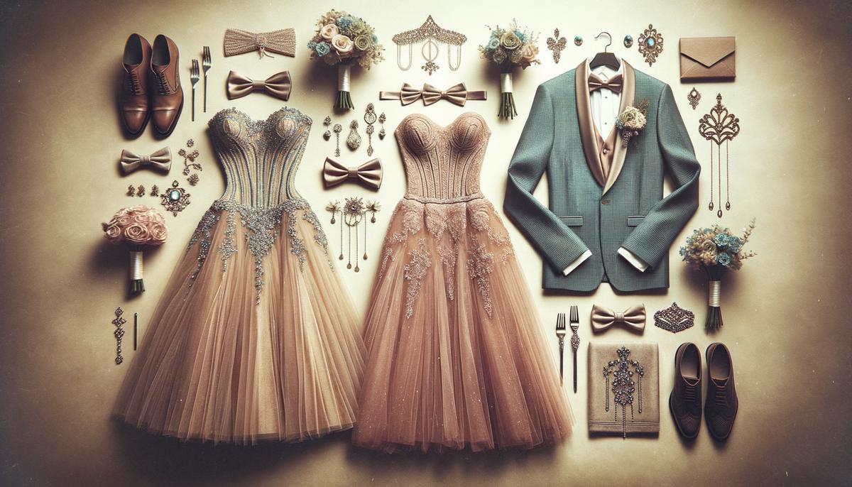 A stylish display of prom dresses and suits in various colors and styles, with accessories