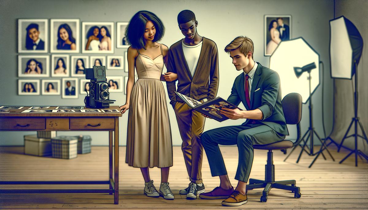 A photographer discussing photo options with a prom couple in a studio in Jonesboro, AR