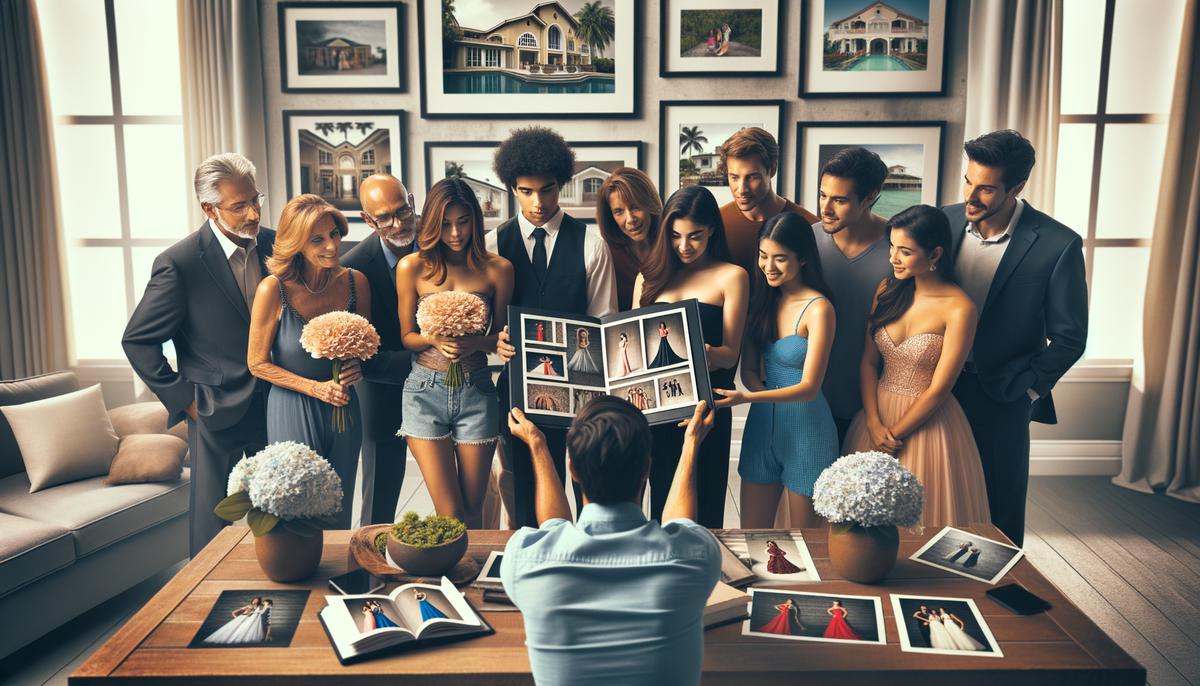 A professional photographer showing their prom photography portfolio to a group of interested teenagers and parents