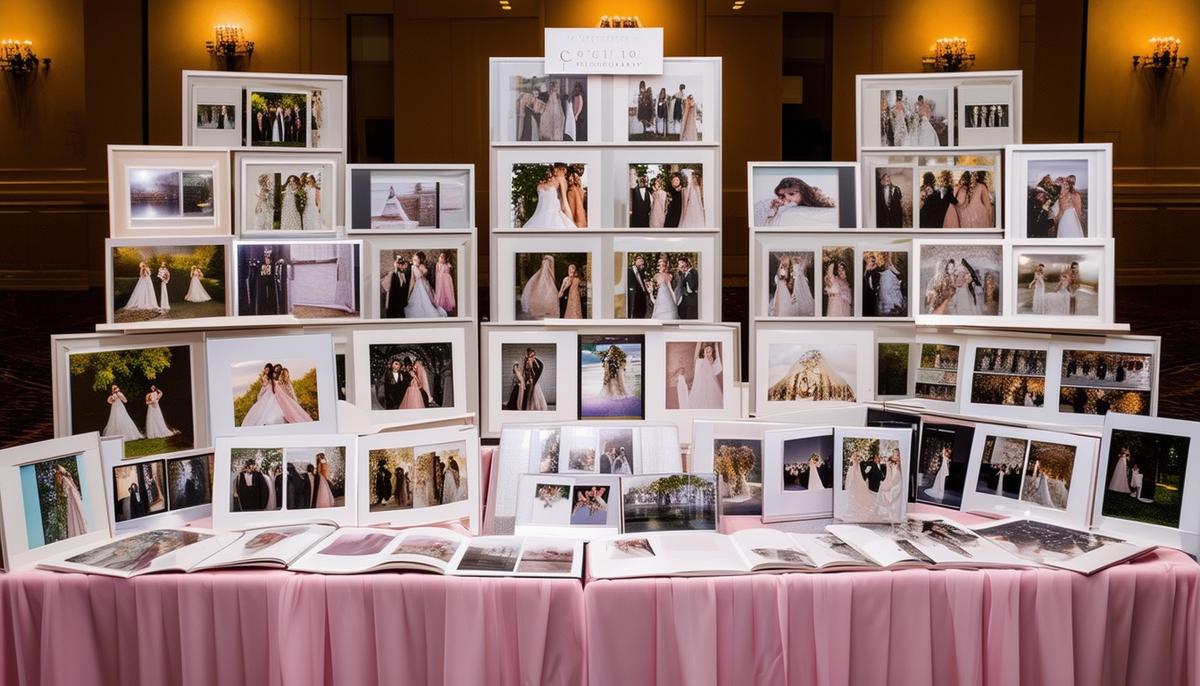 A professional display of various prom photography packages, showcasing sample albums, prints, and digital offerings