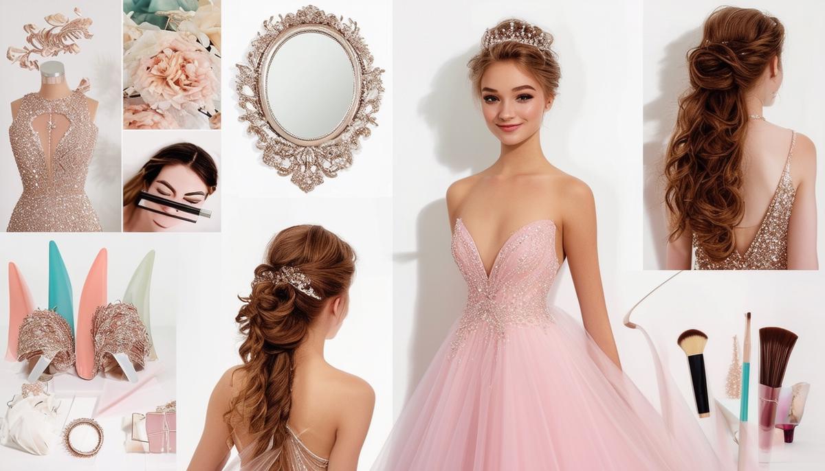 A montage of prom styling and preparation activities, including outfit selection, hair and makeup, and prop arrangement