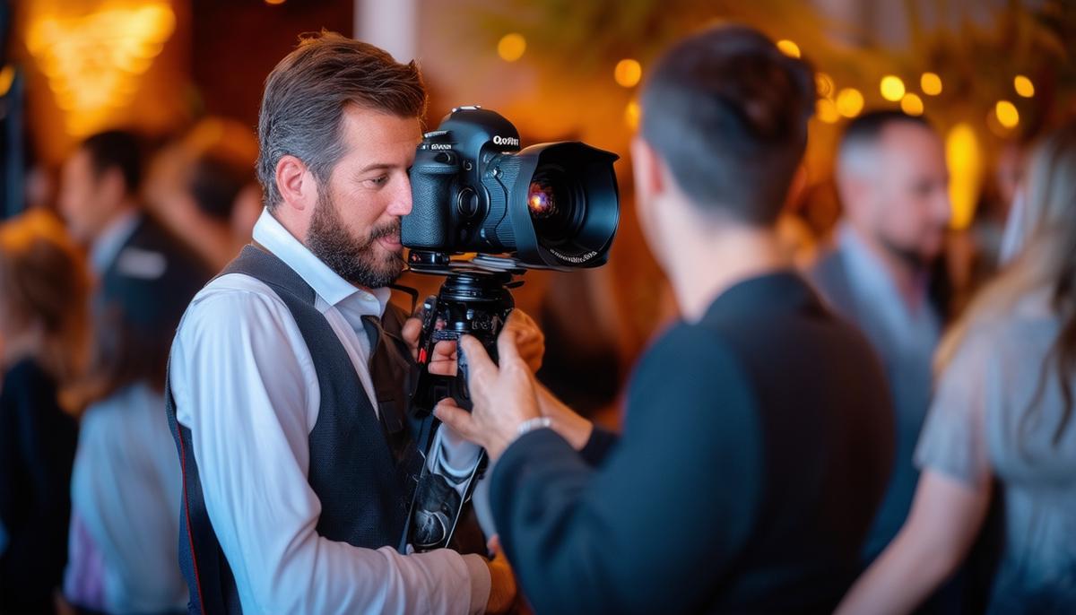 A professional event photographer demonstrating key qualities such as professionalism, experience, effective communication, and technical skills while capturing moments at a San Francisco event.