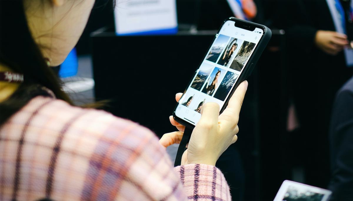 A trade show attendee receiving instant photos on their smartphone from a real-time photo delivery system