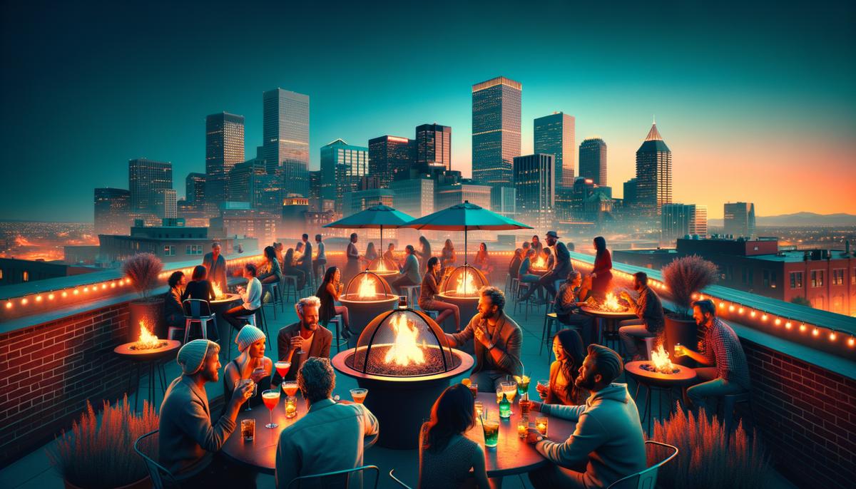 Red Barber rooftop bar in Denver's RiNo Art District at twilight, with people gathered around firepits and city lights in the background