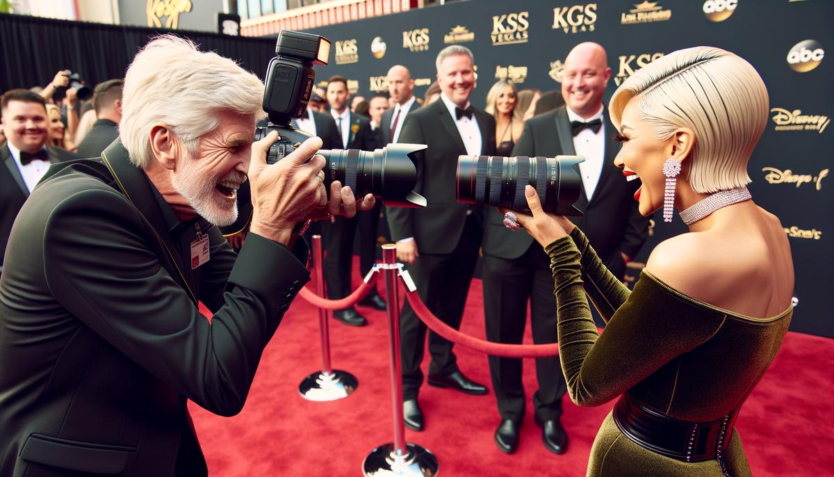 A skilled red carpet photographer captures a candid, unscripted moment between two celebrities, demonstrating the ability to go beyond posed shots and tell a story through images.