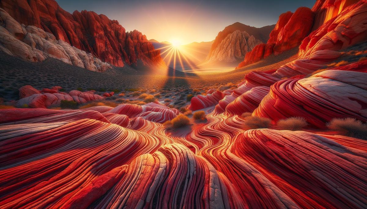A breathtaking view of Red Rock Canyon near Las Vegas at sunrise, with the sun casting an ethereal glow on the towering red rock formations. The rugged terrain is bathed in a spectrum of warm, iridescent hues, creating a stunning contrast against the deep shadows and crevices of the canyon walls.