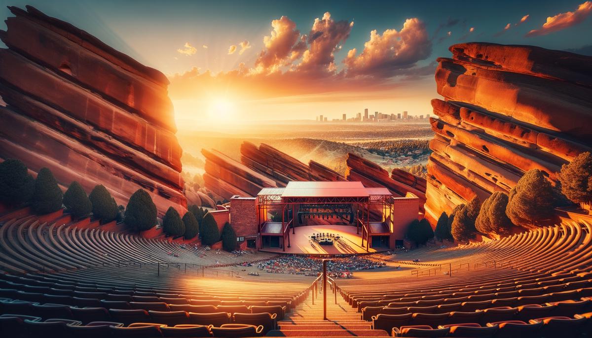 Red Rocks Amphitheatre at sunset with the stage and seating area framed by massive red rock formations