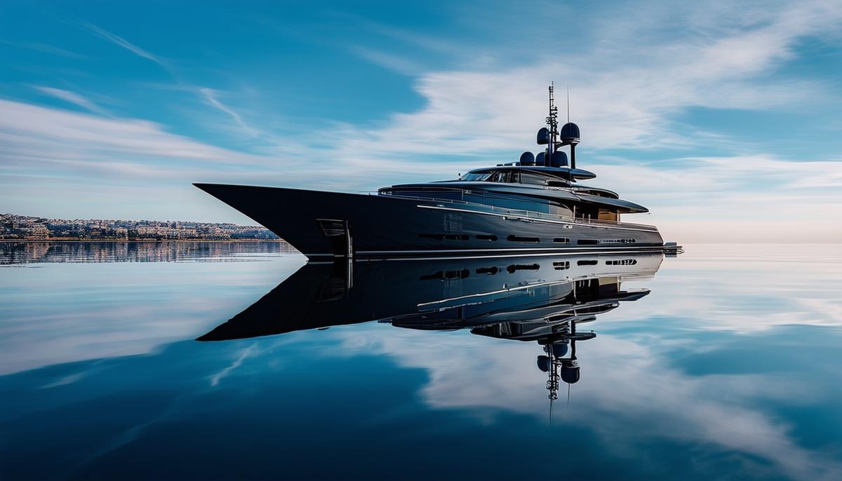 A stunning photograph of a yacht reflecting in the calm water, creating a mirror-like effect