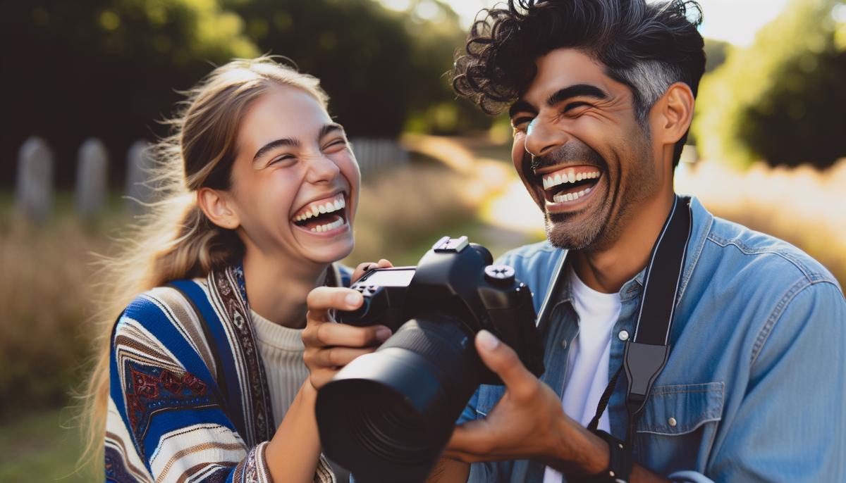 A photographer and high school senior laughing during a relaxed photo session