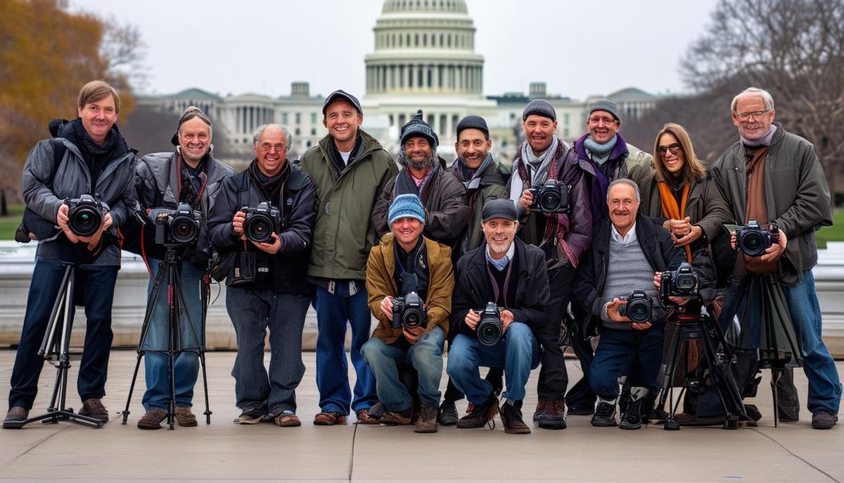 A group portrait of well-known Washington D.C. event photographers with their cameras
