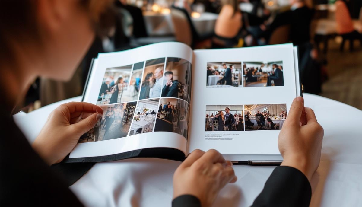 A person reviewing a professional photographer's portfolio of corporate event photos, analyzing their style and ability to capture the atmosphere and key moments.