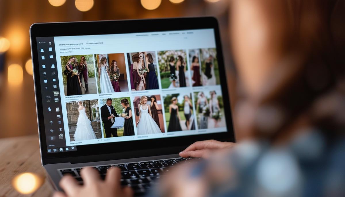 A close-up view of a person reviewing a photographer's portfolio on a laptop, with various prom photography samples displayed on the screen.