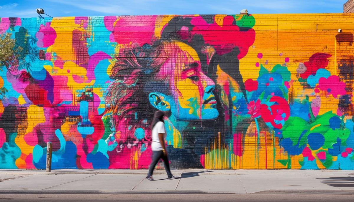 Colorful street mural in RiNo Art District with a person walking past, showcasing the area's vibrant urban art scene