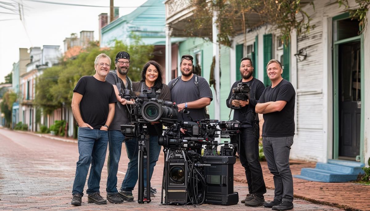 The Riverview Photography team posing with their equipment in a iconic New Orleans location