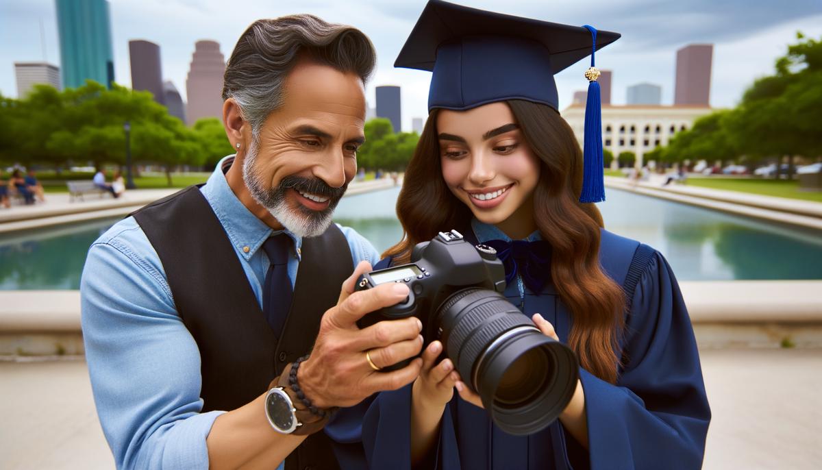 Photographer Robert Berger from Innovative Images Photography adjusting his camera settings while directing a smiling graduating student during an outdoor photo shoot in Houston.
