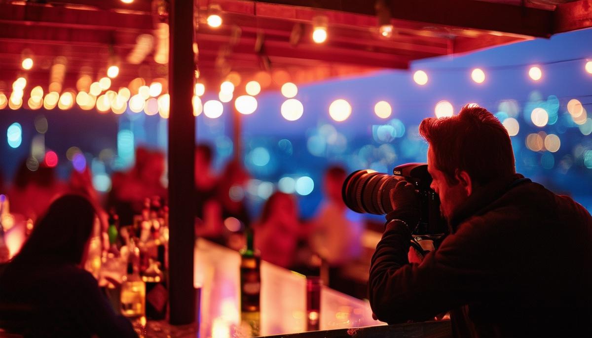 A photographer capturing a vibrant nightlife scene at a rooftop bar