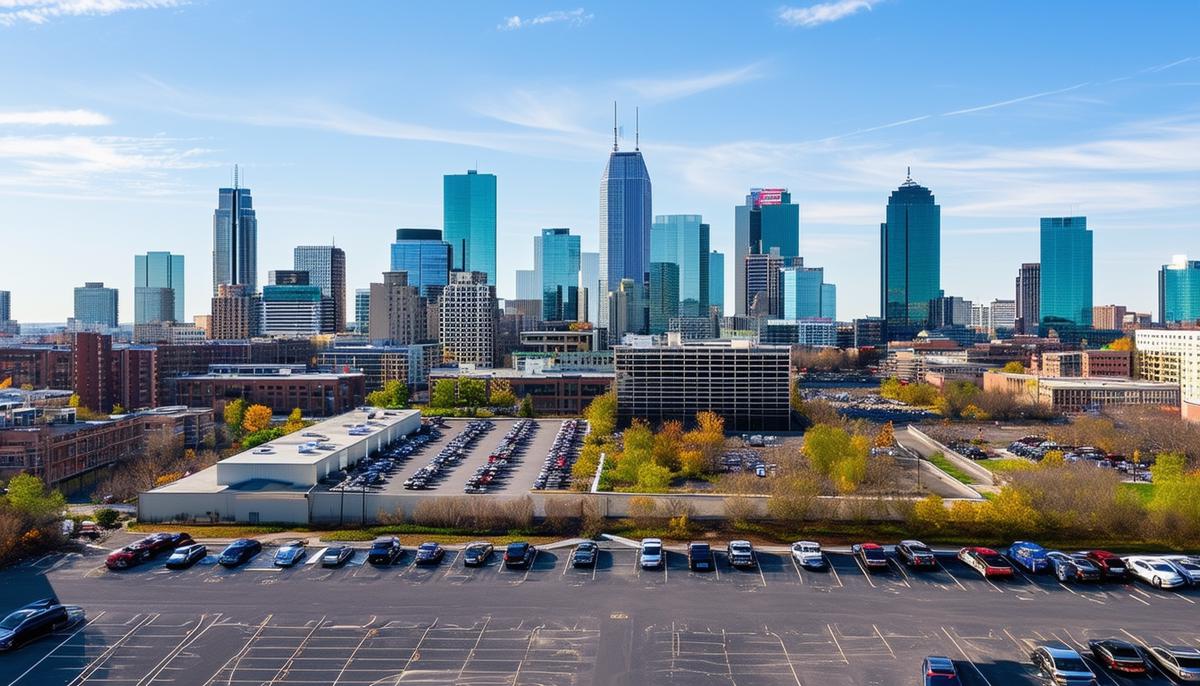 View of Minneapolis skyline from a downtown rooftop parking lot, showcasing skyscrapers and urban landscape