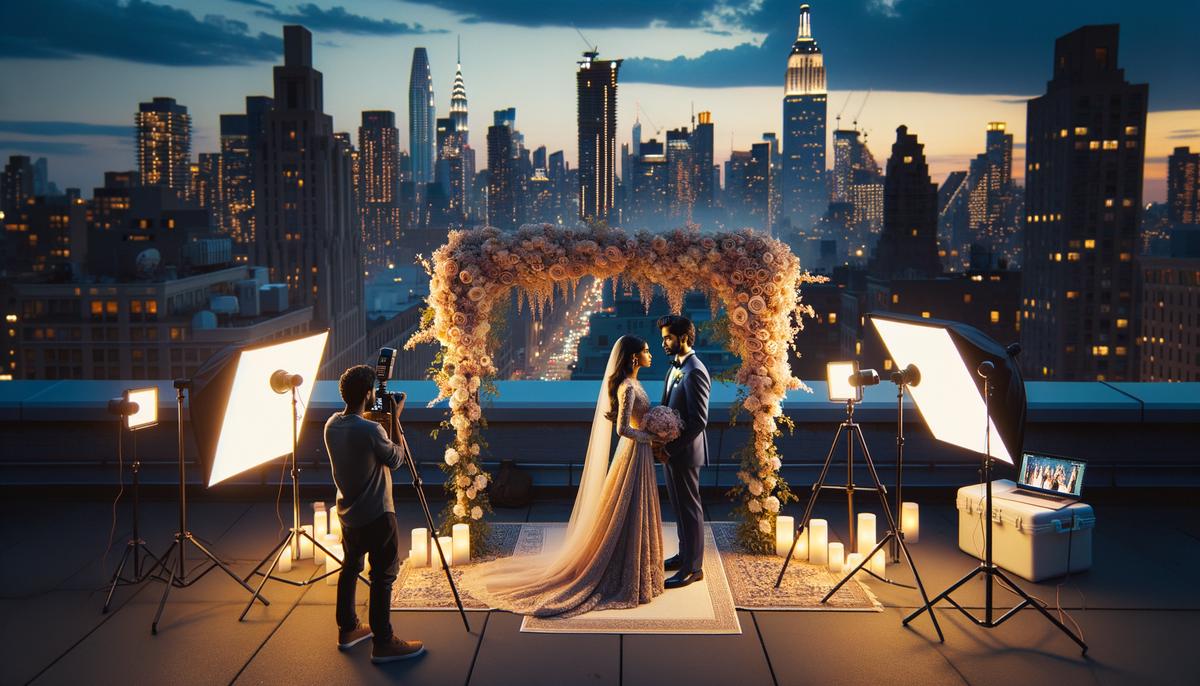 Rooftop wedding overlooking Tampa's skyline with photographer using LED panels