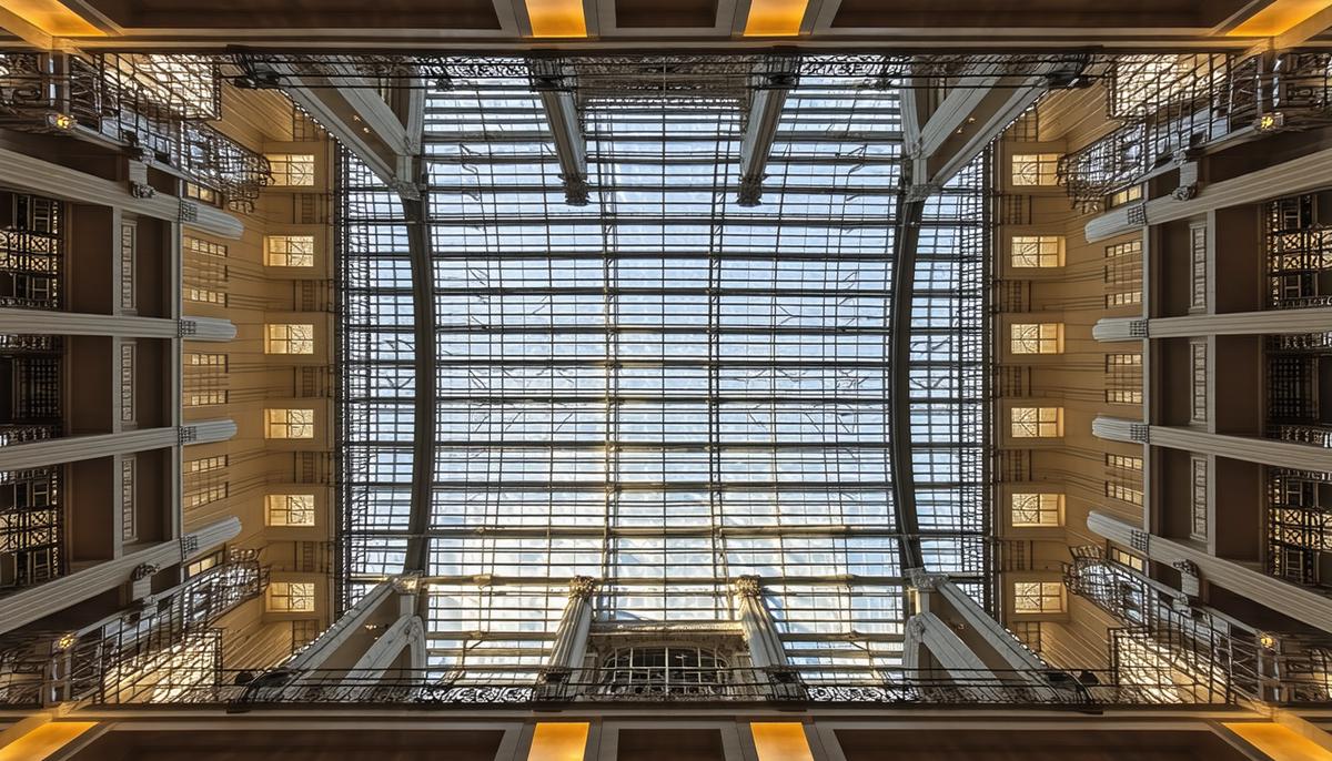 The ornate Light Court of the Rookery Building designed by Frank Lloyd Wright, with its intricate ironwork and glass ceiling