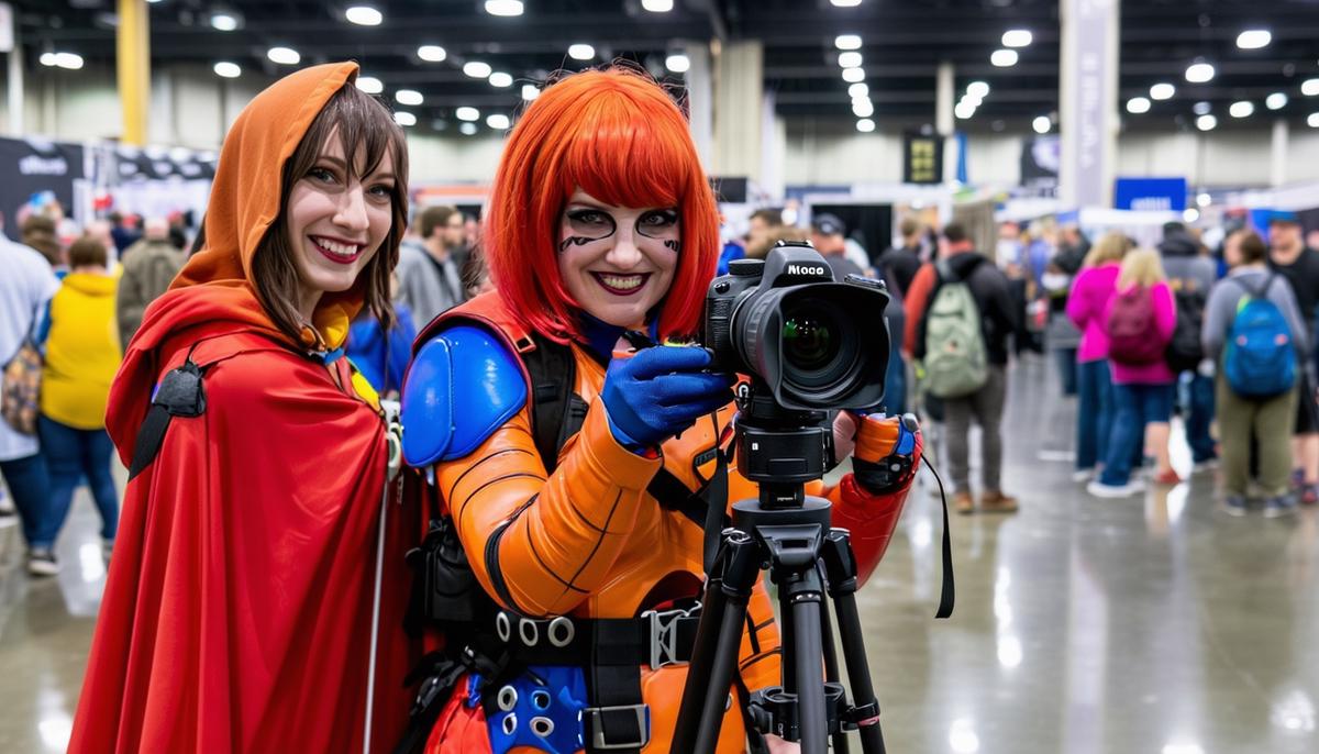 A photographer capturing cosplayers at Rose City Comic Con with vibrant costumes and excited attendees