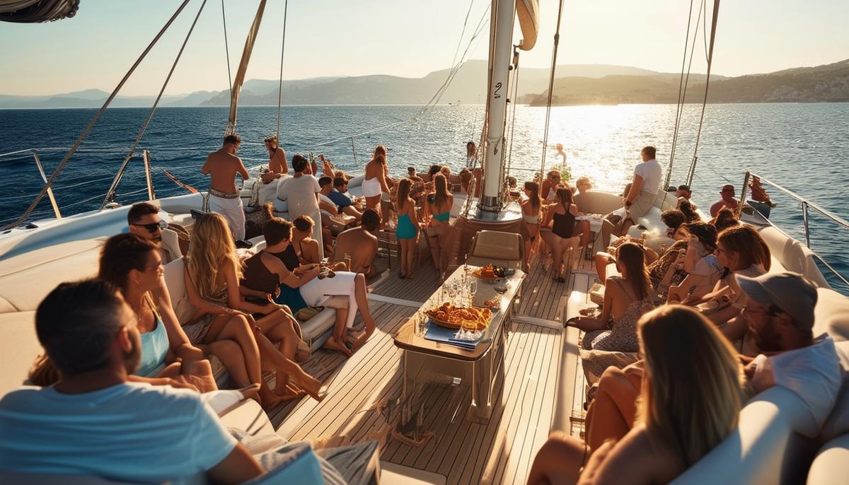 A well-composed photograph of a yacht party using the rule of thirds, with people positioned at the intersecting points