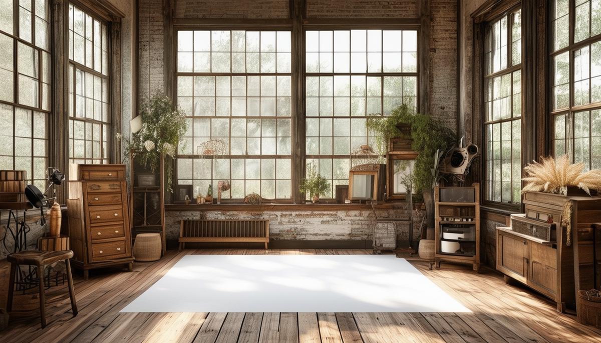 An interior view of a rustic-chic photography studio with large windows allowing natural light to stream in, decorated with vintage furniture and props.