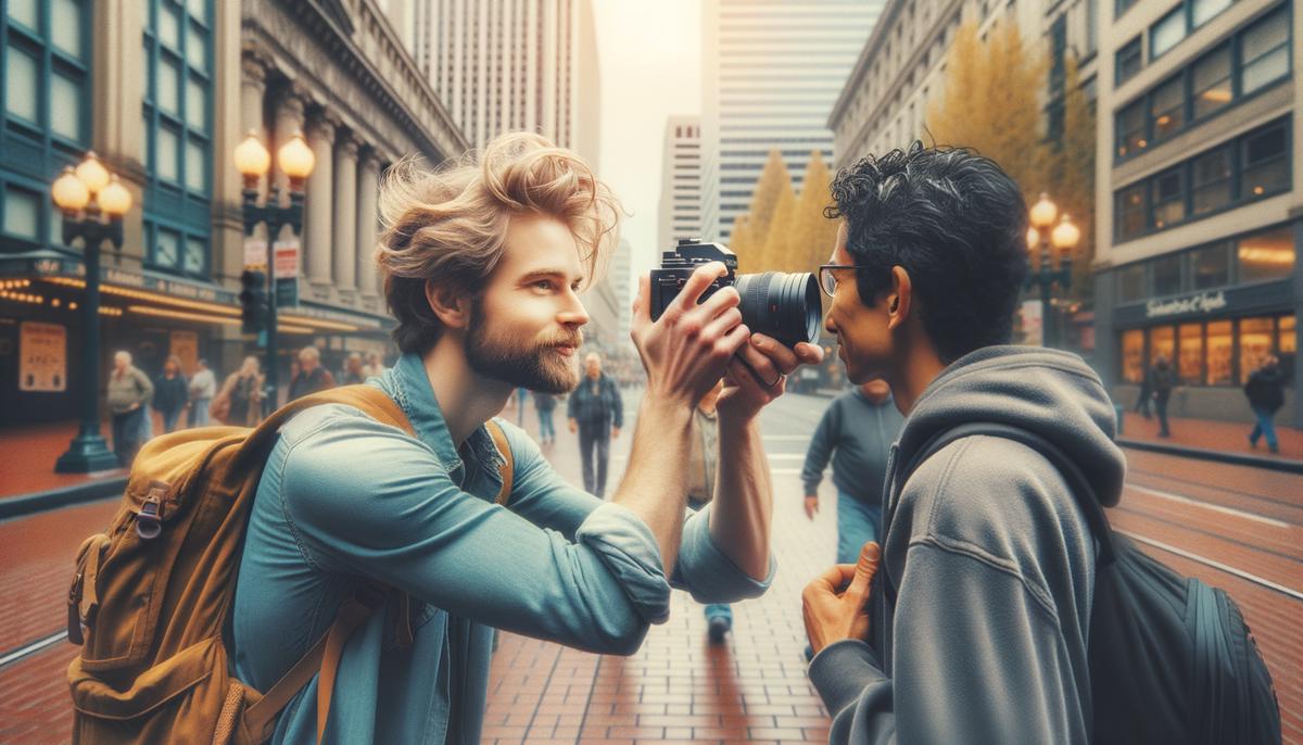 Ryan, the photographer behind Pale Blue Wave, capturing an impromptu portrait of a stranger on a bustling Portland street