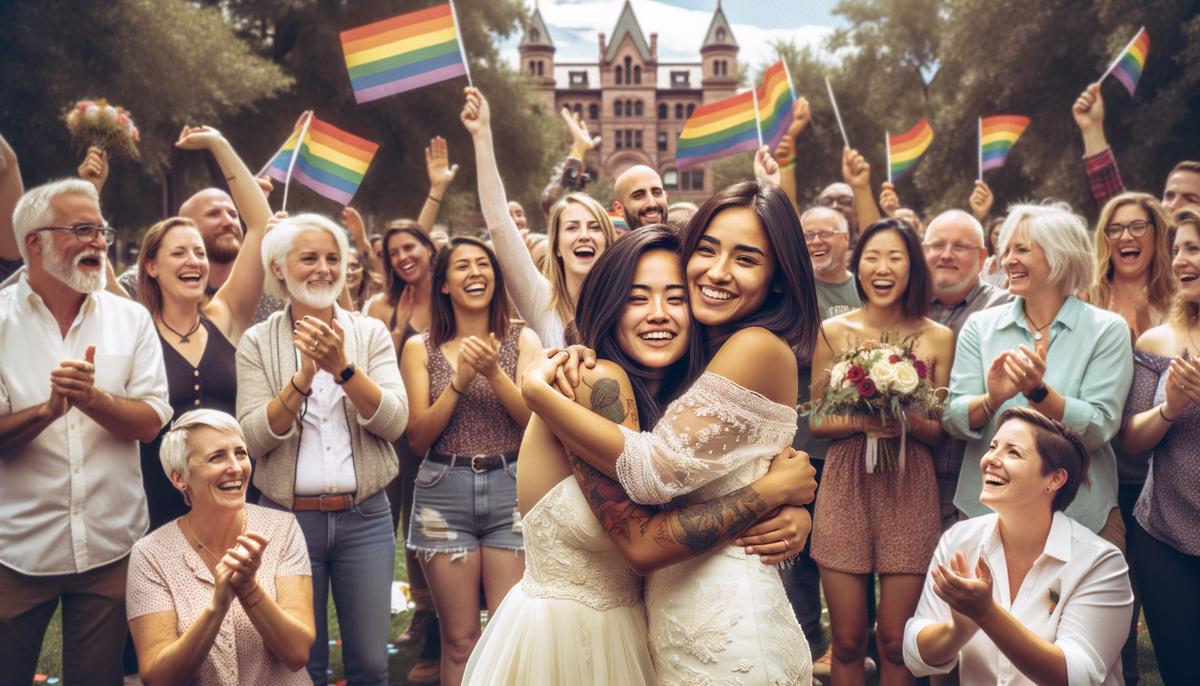 Two brides celebrating their marriage in a vibrant park setting, surrounded by supportive friends and family
