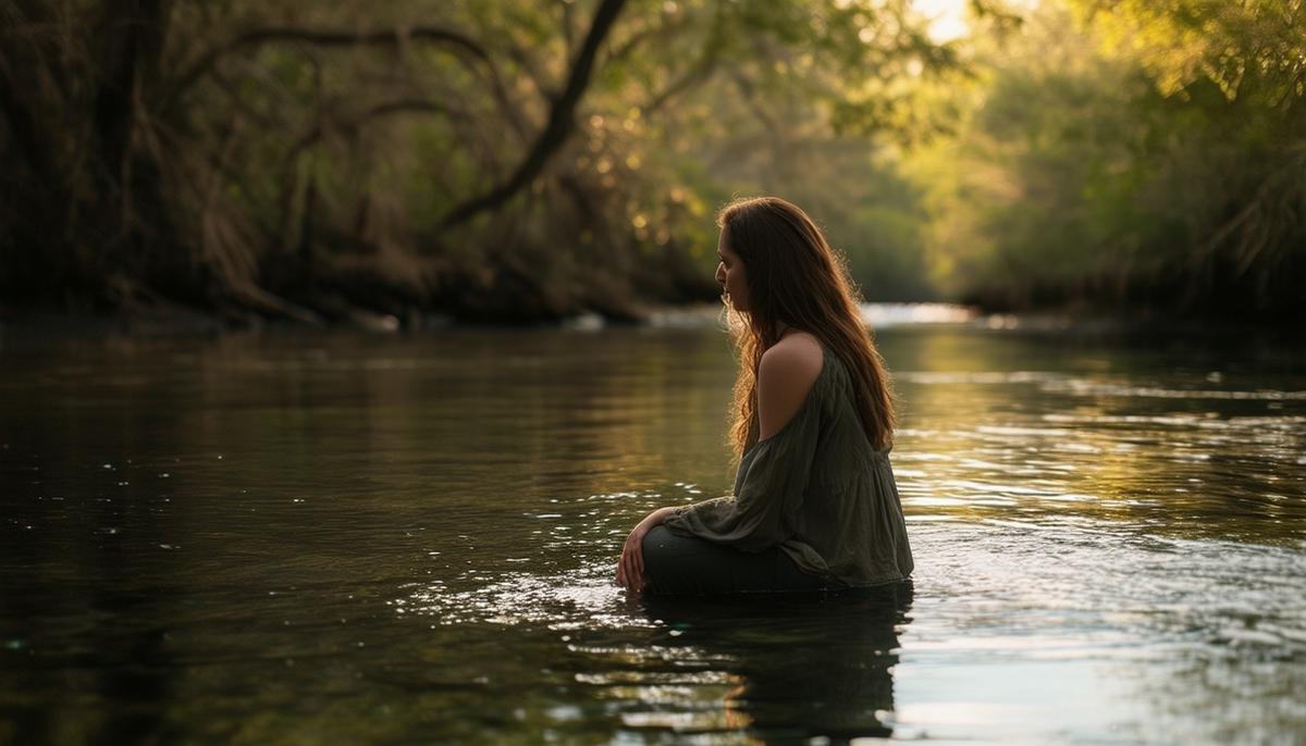 An artistic personal photography session in San Antonio, featuring a person connecting with nature during a peaceful River Session. The image showcases the tranquil beauty of the natural surroundings and captures a moment of self-reflection and inner connection.
