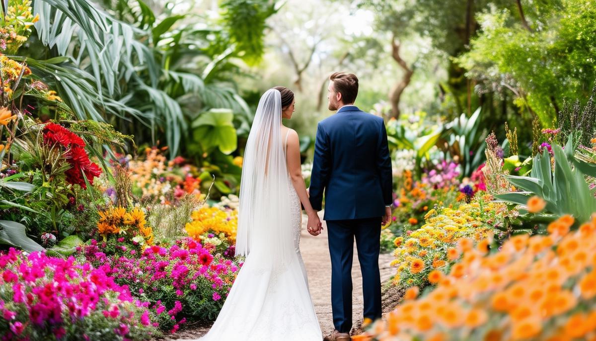 A bride and groom standing hand in hand surrounded by vibrant flowers and greenery at the San Antonio Botanical Garden.