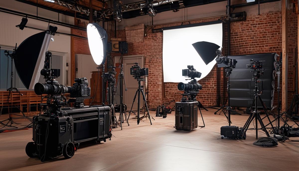 A well-equipped film set in San Antonio showcasing a variety of professional camera and lighting equipment, including cinema cameras, lenses, and lighting setups from brands like Sony, RED, and Kino Flo.