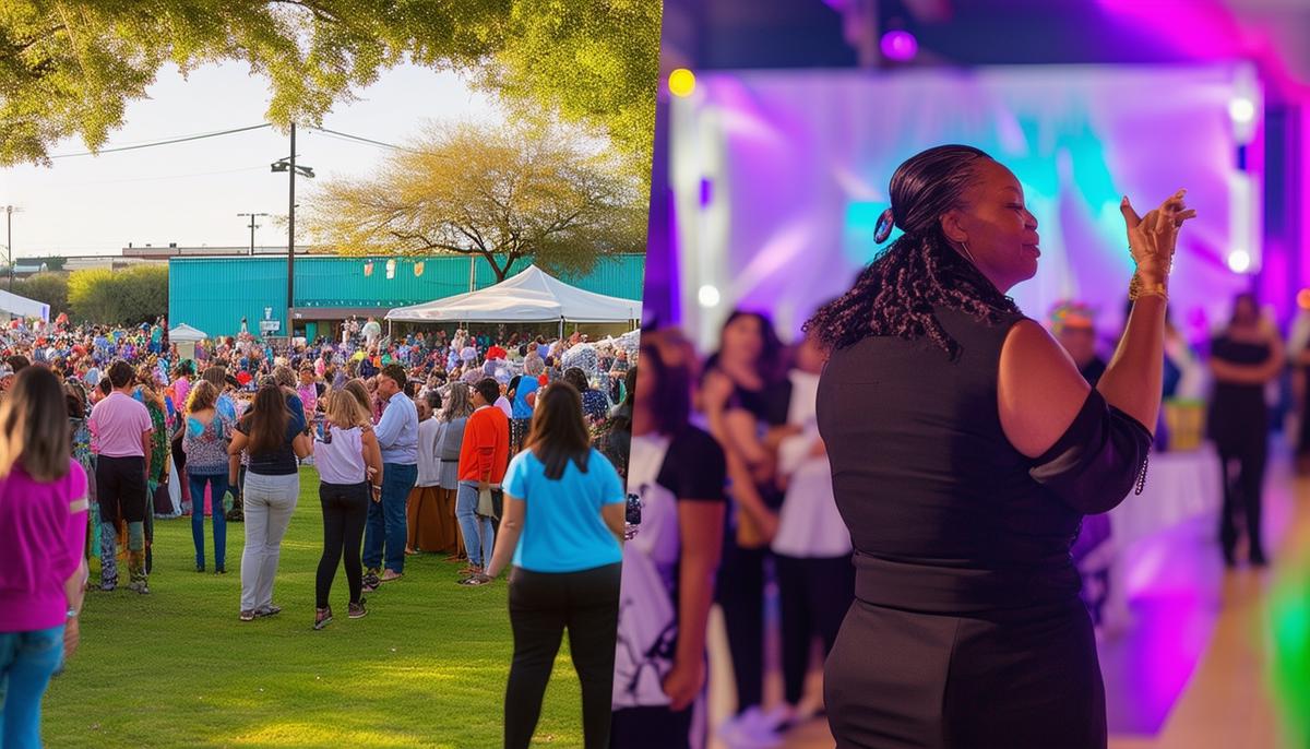 A split image showing a vibrant charity event in San Antonio on one side and the resulting professional photographs being used for promotional purposes on the other, demonstrating the impact of event photography in documenting and promoting these charitable initiatives.