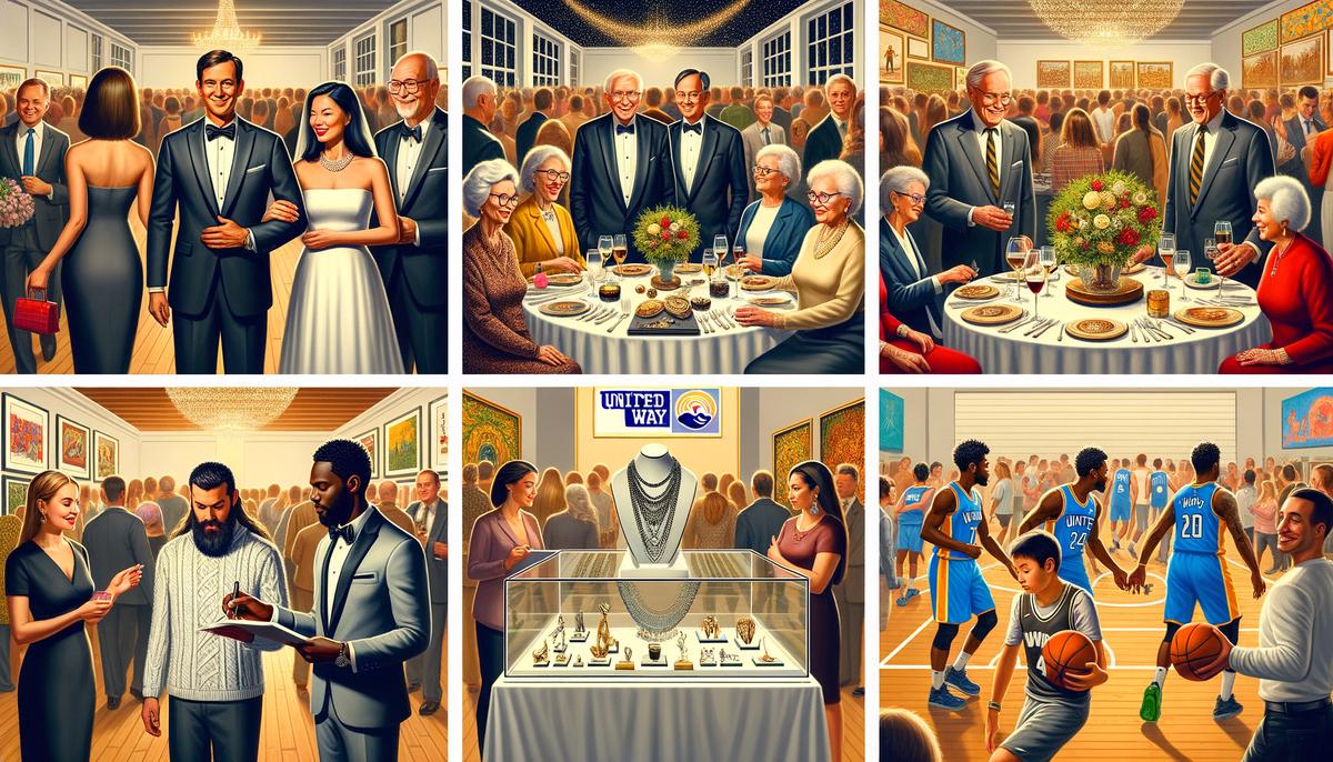 A montage of images representing various types of charity events in San Antonio, including a black-tie gala, a United Way mixer, a jewelry showcase at Neiman Marcus, and a community initiative with the San Antonio Spurs.