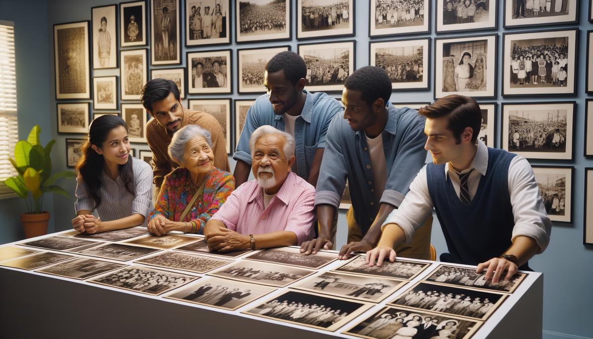 A heartwarming scene of community members in San Antonio, Texas, gathered around a collection of photographs from past cultural events, illustrating how event photography helps preserve and share the city's rich heritage across generations.