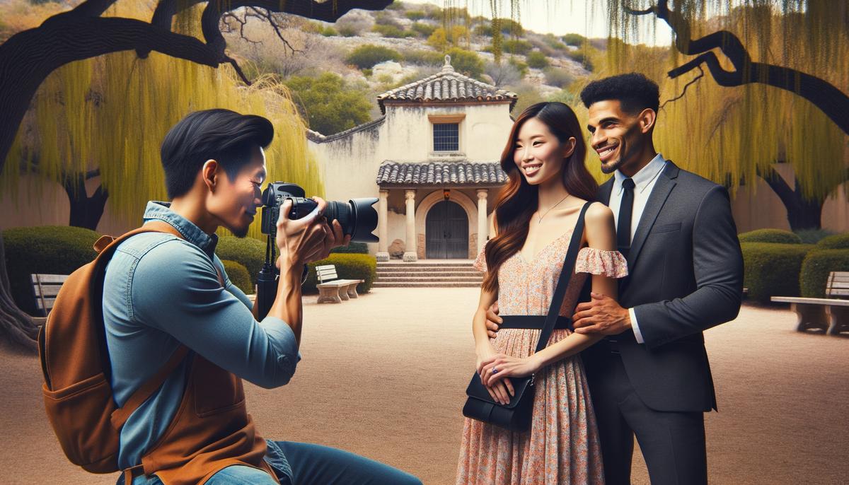 A behind-the-scenes look at an engagement photo session in San Antonio, with the photographer guiding the couple through poses and prompts in a picturesque outdoor location.