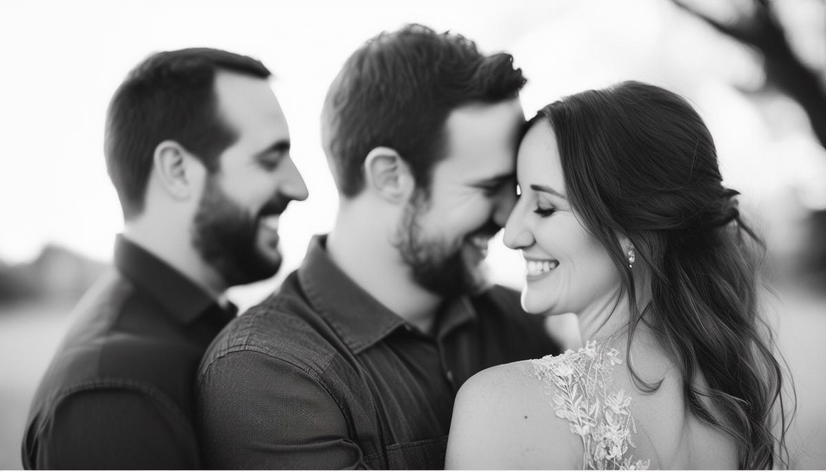 A series of three candid, emotionally evocative black and white photos of an engaged couple, telling the story of their love and connection through meaningful glances, gentle touches, and genuine laughter.