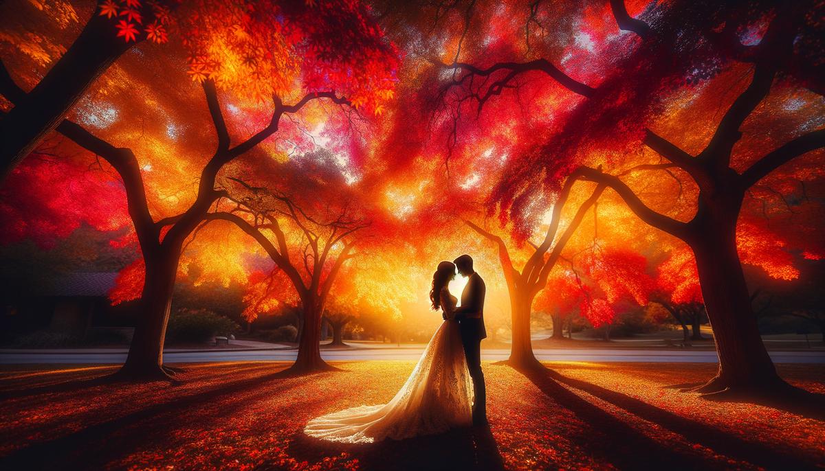 A bride and groom embracing under a canopy of vibrant fall foliage in San Antonio, with warm sunlight filtering through the leaves.