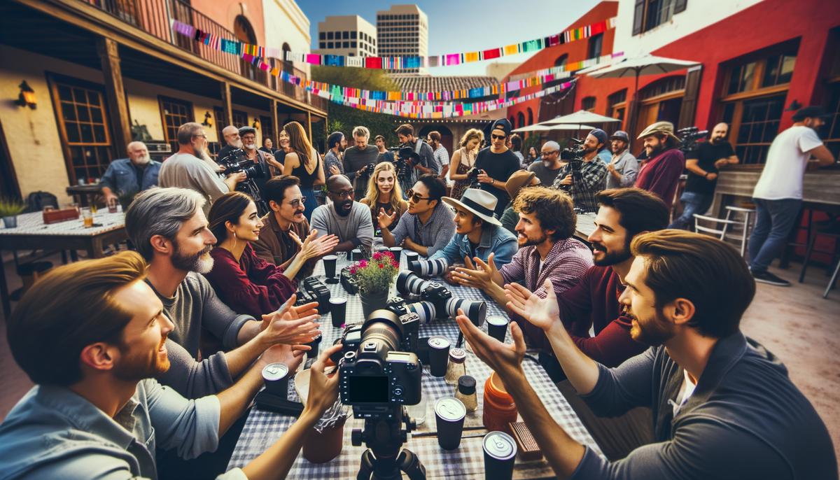 A group of filmmakers collaborating and sharing ideas in a vibrant San Antonio setting, highlighting the supportive and creative local film community fostered by the city's rental houses and film events.