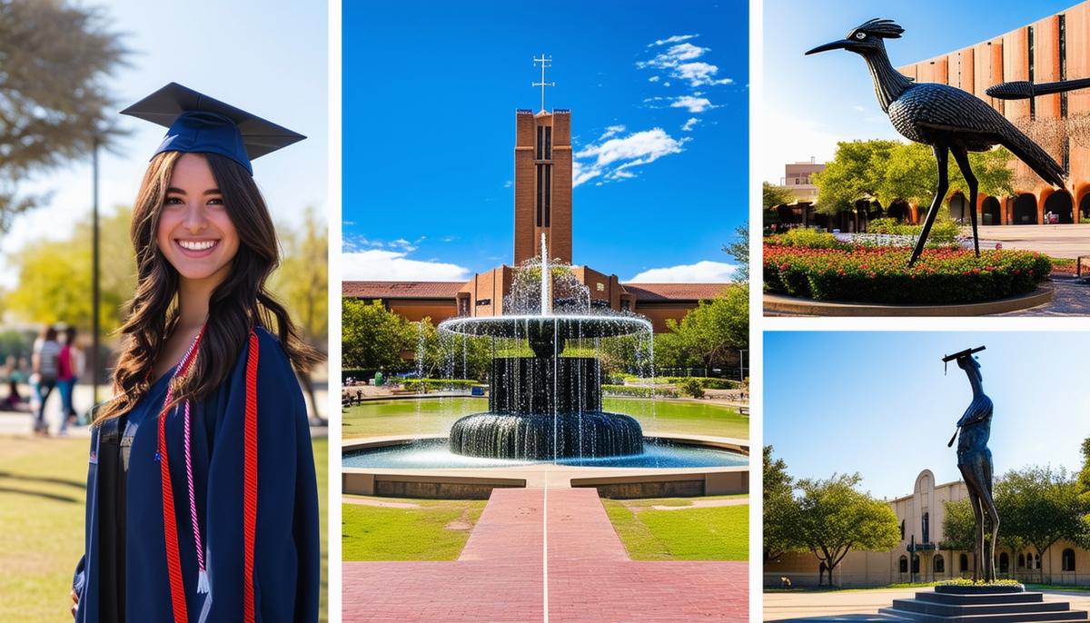 A collage of the best locations for graduation photography in San Antonio, including The Pearl Brewery, Espada Park, Landa Library, and iconic landmarks like the Sombrilla Fountain and Roadrunner Statue at UTSA.