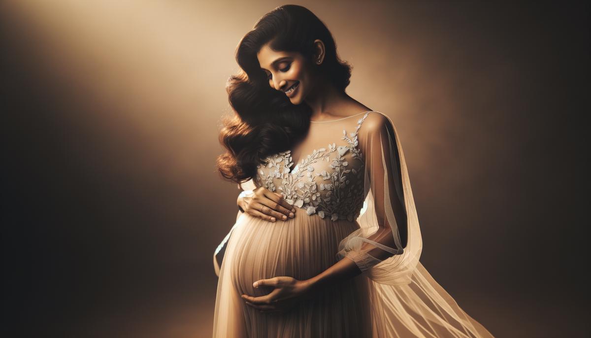 A beautiful maternity photo shoot in a San Antonio studio, featuring an expecting mother in a flowing gown, cradling her baby bump.