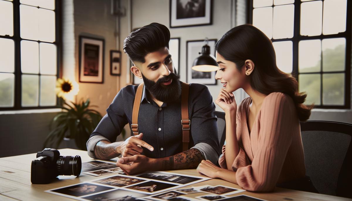 A San Antonio photographer consulting with a client before a photo shoot, discussing the client's preferences and vision for the session.