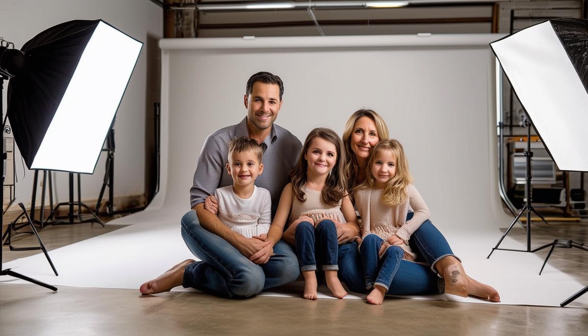 A modern San Antonio photography studio with a family posing for a portrait. The studio features state-of-the-art lighting and diverse backdrops.