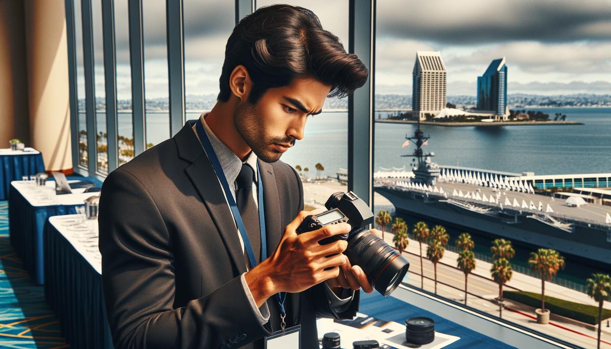A professional photographer working at a San Diego venue, with iconic local landmarks visible in the background