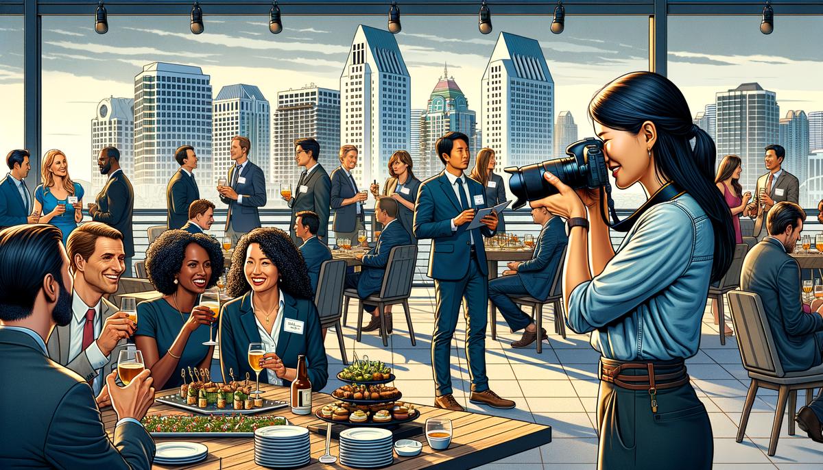 A photographer capturing a corporate event with San Diego's iconic landmarks in the background