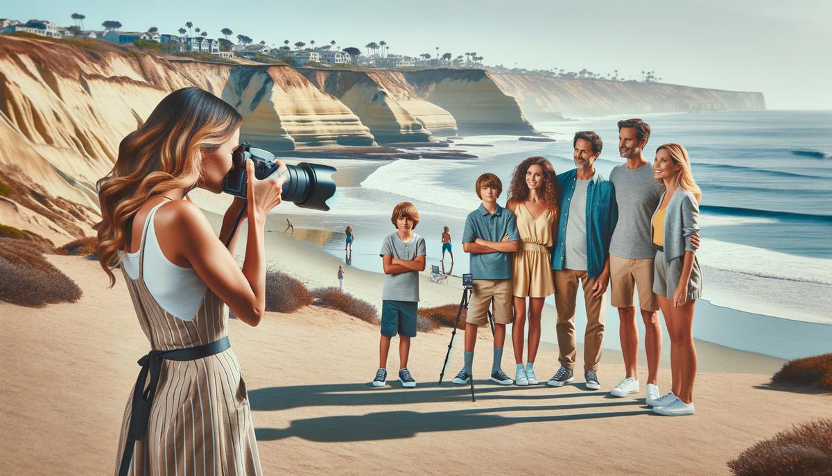 A professional family photographer working with a family during a beach photoshoot in La Jolla