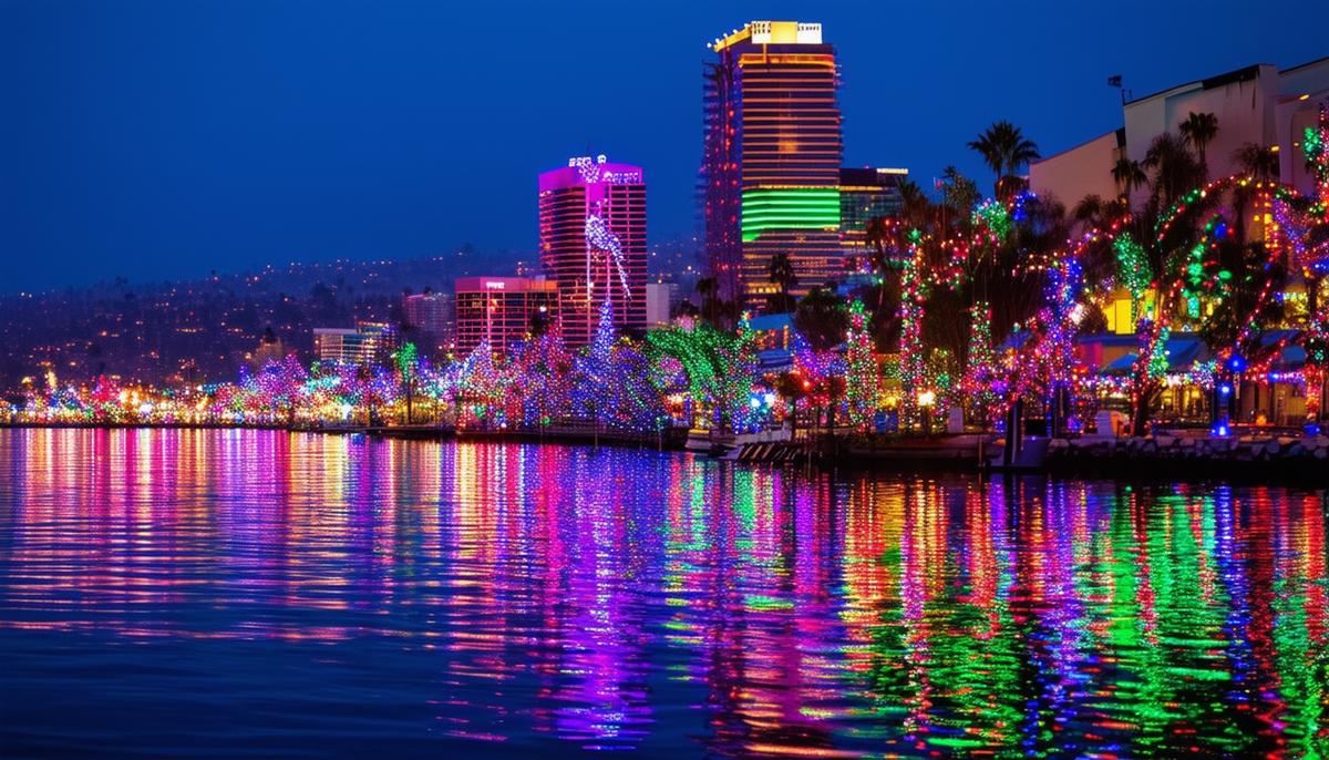 A festive scene of San Diego's holiday lights festival, with colorful illuminations reflecting in the bay water