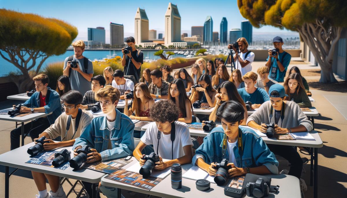 A group of diverse students attending a photography workshop in San Diego
