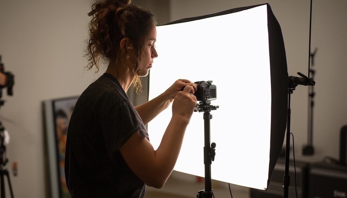 A San Diego portrait photographer working in a well-equipped studio, adjusting lighting for a client