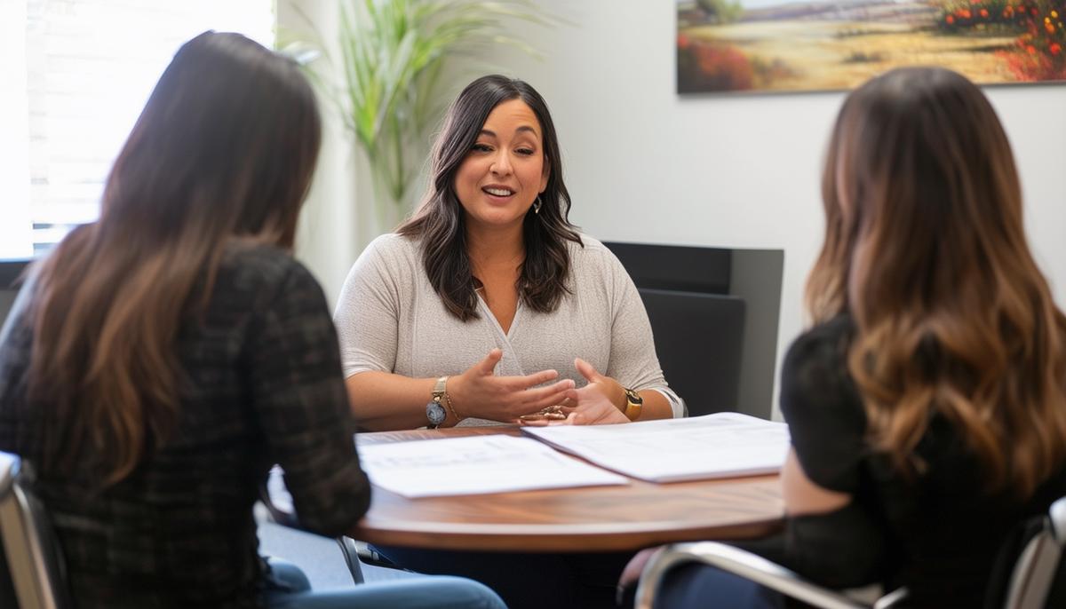 A San Diego portrait photographer discussing session plans with clients in a consultation room