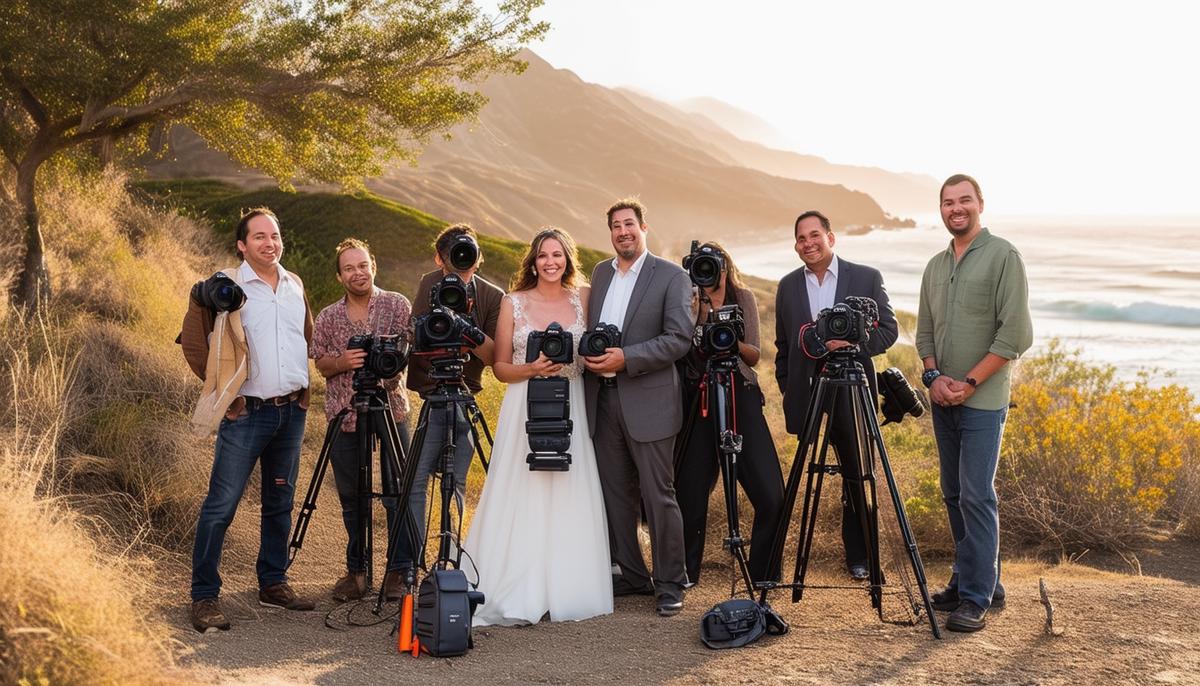 A group of diverse wedding photographers with their equipment in a picturesque San Diego setting